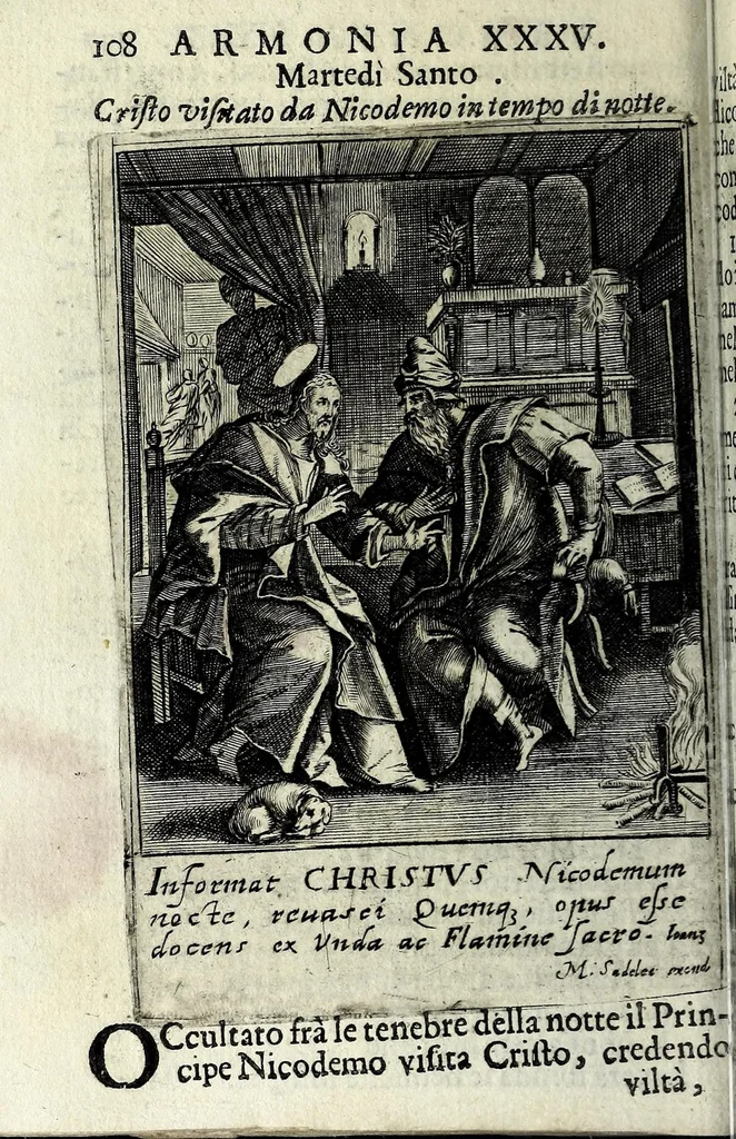 An illustration from Armonia contemplativa sopra la vita di Giesù Christo : delli santi Filippo Neri, Ignatio Loiola, Caietano di Tieni, e Teresa di Giesù : disposta secondo l'ordine delli Vangeli non solo per tutti li giorni dell'anno, mesi e settimane, ma ancora per tutte le feste principali : consegrata all'altezza serenissima Anna Maria Isabella, duchessa di Mantoua, Monferrato, Guastalla, &c., 1690, leaf 124