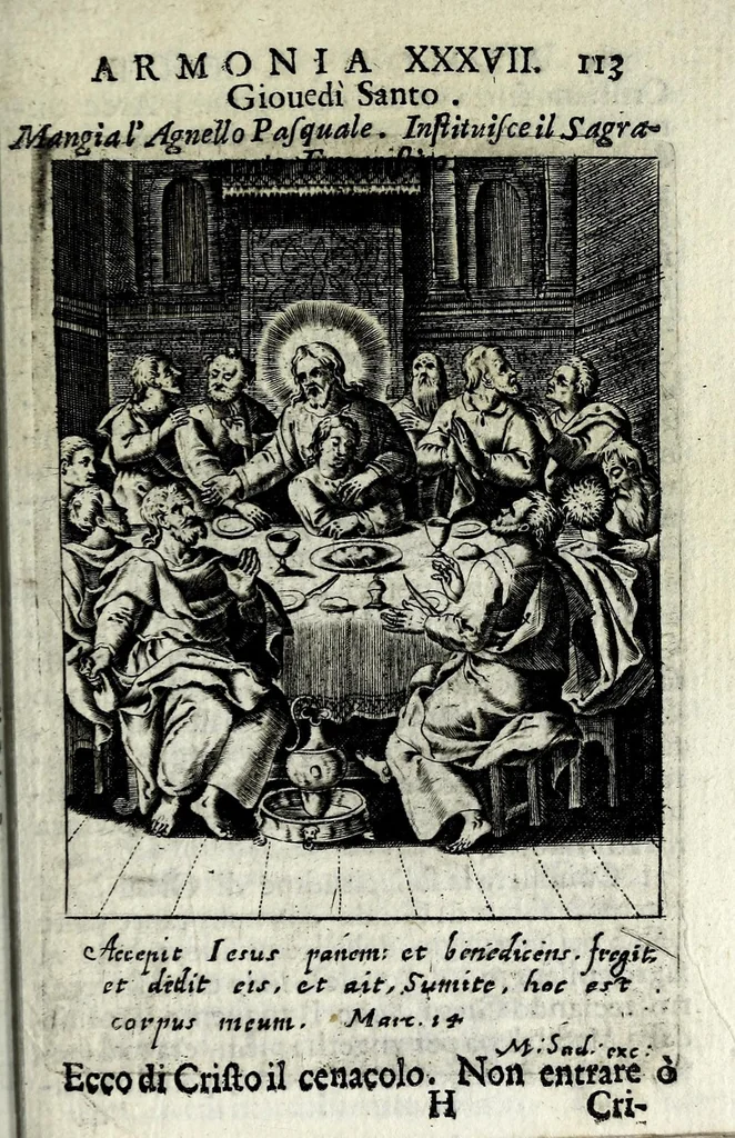 An illustration from Armonia contemplativa sopra la vita di Giesù Christo : delli santi Filippo Neri, Ignatio Loiola, Caietano di Tieni, e Teresa di Giesù : disposta secondo l'ordine delli Vangeli non solo per tutti li giorni dell'anno, mesi e settimane, ma ancora per tutte le feste principali : consegrata all'altezza serenissima Anna Maria Isabella, duchessa di Mantoua, Monferrato, Guastalla, &c., 1690, leaf 129