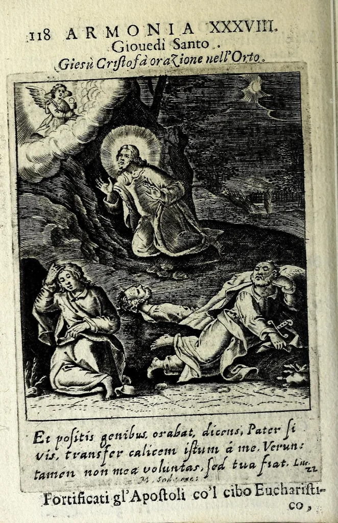 An illustration from Armonia contemplativa sopra la vita di Giesù Christo : delli santi Filippo Neri, Ignatio Loiola, Caietano di Tieni, e Teresa di Giesù : disposta secondo l'ordine delli Vangeli non solo per tutti li giorni dell'anno, mesi e settimane, ma ancora per tutte le feste principali : consegrata all'altezza serenissima Anna Maria Isabella, duchessa di Mantoua, Monferrato, Guastalla, &c., 1690, leaf 134