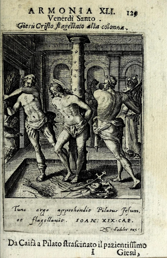 An illustration from Armonia contemplativa sopra la vita di Giesù Christo : delli santi Filippo Neri, Ignatio Loiola, Caietano di Tieni, e Teresa di Giesù : disposta secondo l'ordine delli Vangeli non solo per tutti li giorni dell'anno, mesi e settimane, ma ancora per tutte le feste principali : consegrata all'altezza serenissima Anna Maria Isabella, duchessa di Mantoua, Monferrato, Guastalla, &c., 1690, leaf 145