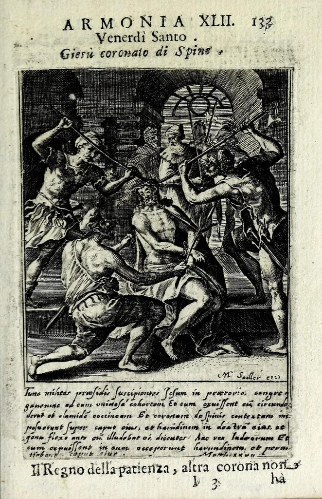 An illustration from Armonia contemplativa sopra la vita di Giesù Christo : delli santi Filippo Neri, Ignatio Loiola, Caietano di Tieni, e Teresa di Giesù : disposta secondo l'ordine delli Vangeli non solo per tutti li giorni dell'anno, mesi e settimane, ma ancora per tutte le feste principali : consegrata all'altezza serenissima Anna Maria Isabella, duchessa di Mantoua, Monferrato, Guastalla, &c., 1690, leaf 149
