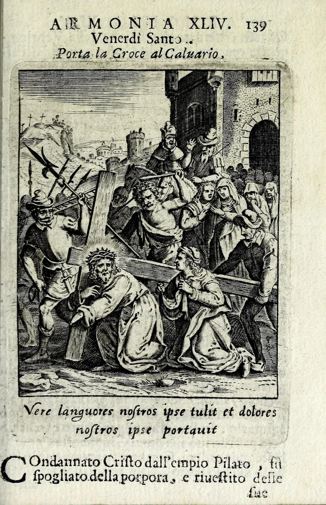 An illustration from Armonia contemplativa sopra la vita di Giesù Christo : delli santi Filippo Neri, Ignatio Loiola, Caietano di Tieni, e Teresa di Giesù : disposta secondo l'ordine delli Vangeli non solo per tutti li giorni dell'anno, mesi e settimane, ma ancora per tutte le feste principali : consegrata all'altezza serenissima Anna Maria Isabella, duchessa di Mantoua, Monferrato, Guastalla, &c., 1690, leaf 155