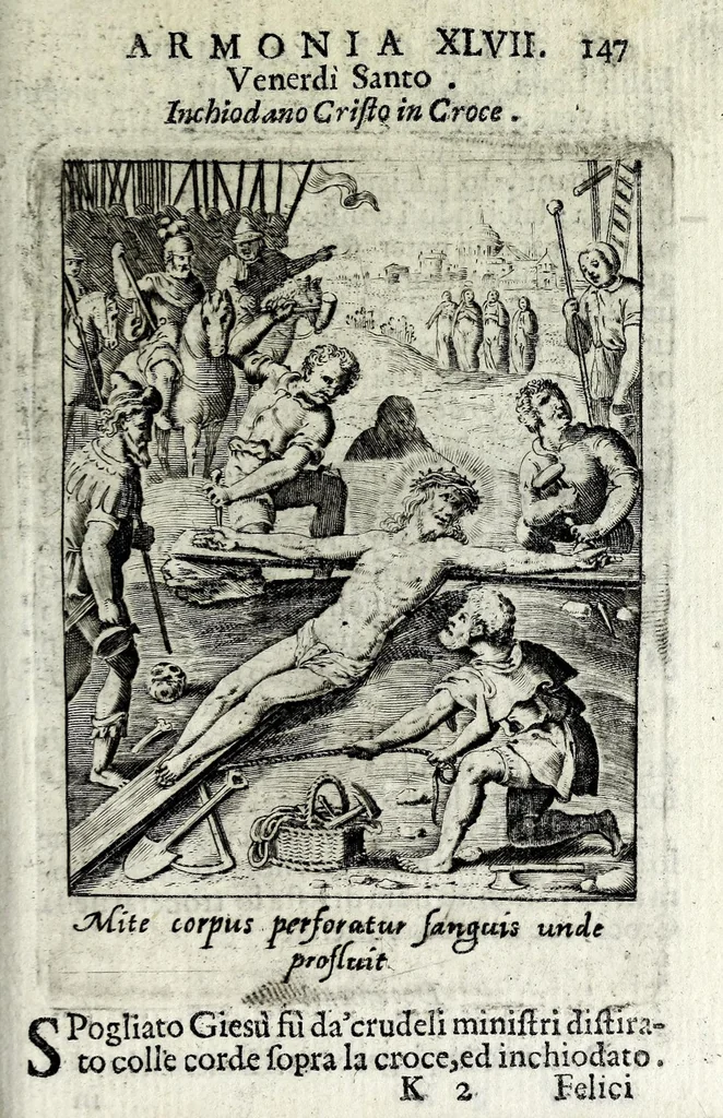 An illustration from Armonia contemplativa sopra la vita di Giesù Christo : delli santi Filippo Neri, Ignatio Loiola, Caietano di Tieni, e Teresa di Giesù : disposta secondo l'ordine delli Vangeli non solo per tutti li giorni dell'anno, mesi e settimane, ma ancora per tutte le feste principali : consegrata all'altezza serenissima Anna Maria Isabella, duchessa di Mantoua, Monferrato, Guastalla, &c., 1690, leaf 163