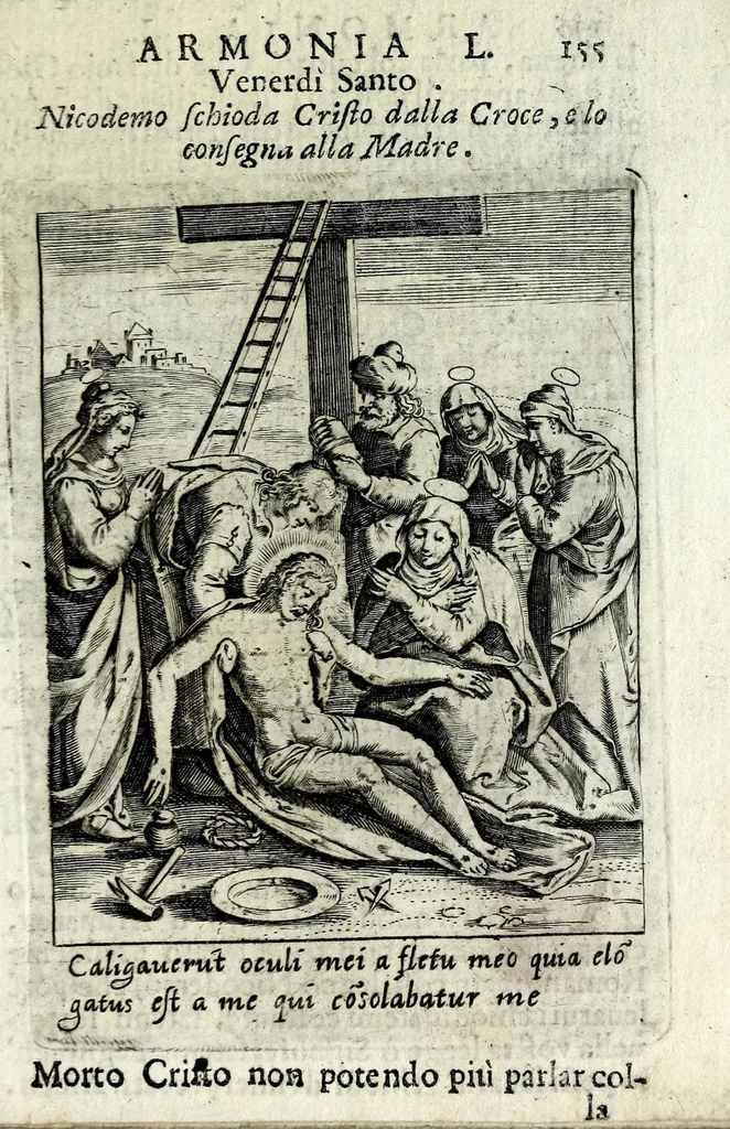 An illustration from Armonia contemplativa sopra la vita di Giesù Christo : delli santi Filippo Neri, Ignatio Loiola, Caietano di Tieni, e Teresa di Giesù : disposta secondo l'ordine delli Vangeli non solo per tutti li giorni dell'anno, mesi e settimane, ma ancora per tutte le feste principali : consegrata all'altezza serenissima Anna Maria Isabella, duchessa di Mantoua, Monferrato, Guastalla, &c., 1690, leaf 171