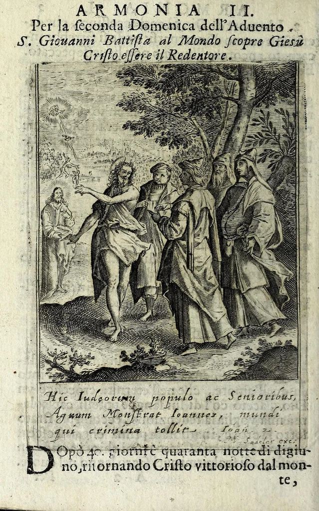 An illustration from Armonia contemplativa sopra la vita di Giesù Christo : delli santi Filippo Neri, Ignatio Loiola, Caietano di Tieni, e Teresa di Giesù : disposta secondo l'ordine delli Vangeli non solo per tutti li giorni dell'anno, mesi e settimane, ma ancora per tutte le feste principali : consegrata all'altezza serenissima Anna Maria Isabella, duchessa di Mantoua, Monferrato, Guastalla, &c., 1690, leaf 20