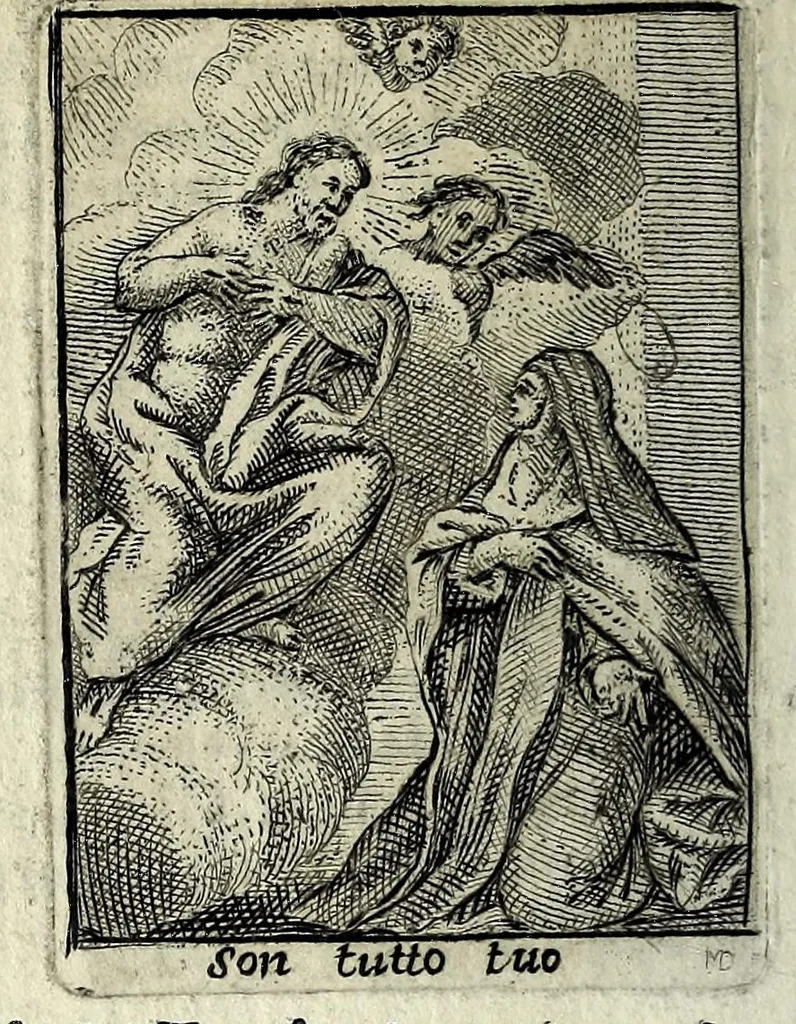 An illustration from Armonia contemplativa sopra la vita di Giesù Christo : delli santi Filippo Neri, Ignatio Loiola, Caietano di Tieni, e Teresa di Giesù : disposta secondo l'ordine delli Vangeli non solo per tutti li giorni dell'anno, mesi e settimane, ma ancora per tutte le feste principali : consegrata all'altezza serenissima Anna Maria Isabella, duchessa di Mantoua, Monferrato, Guastalla, &c., 1690, leaf 218