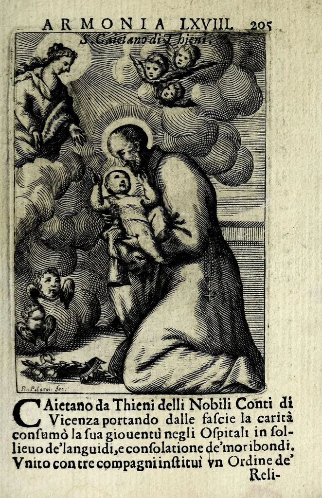An illustration from Armonia contemplativa sopra la vita di Giesù Christo : delli santi Filippo Neri, Ignatio Loiola, Caietano di Tieni, e Teresa di Giesù : disposta secondo l'ordine delli Vangeli non solo per tutti li giorni dell'anno, mesi e settimane, ma ancora per tutte le feste principali : consegrata all'altezza serenissima Anna Maria Isabella, duchessa di Mantoua, Monferrato, Guastalla, &c., 1690, leaf 221