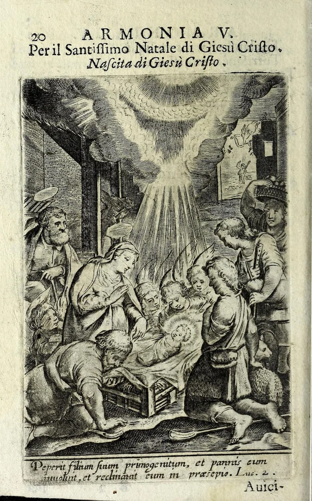 An illustration from Armonia contemplativa sopra la vita di Giesù Christo : delli santi Filippo Neri, Ignatio Loiola, Caietano di Tieni, e Teresa di Giesù : disposta secondo l'ordine delli Vangeli non solo per tutti li giorni dell'anno, mesi e settimane, ma ancora per tutte le feste principali : consegrata all'altezza serenissima Anna Maria Isabella, duchessa di Mantoua, Monferrato, Guastalla, &c., 1690, leaf 36