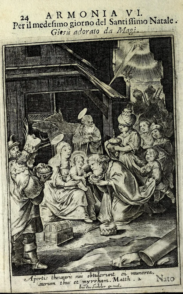 An illustration from Armonia contemplativa sopra la vita di Giesù Christo : delli santi Filippo Neri, Ignatio Loiola, Caietano di Tieni, e Teresa di Giesù : disposta secondo l'ordine delli Vangeli non solo per tutti li giorni dell'anno, mesi e settimane, ma ancora per tutte le feste principali : consegrata all'altezza serenissima Anna Maria Isabella, duchessa di Mantoua, Monferrato, Guastalla, &c., 1690, leaf 40