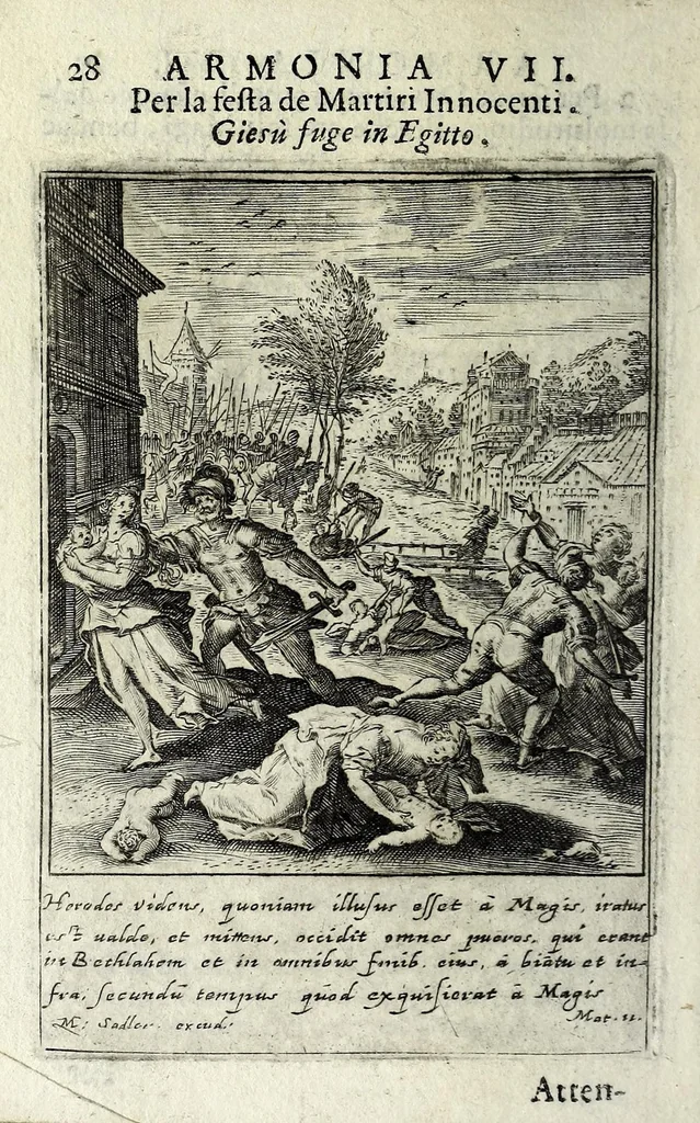 An illustration from Armonia contemplativa sopra la vita di Giesù Christo : delli santi Filippo Neri, Ignatio Loiola, Caietano di Tieni, e Teresa di Giesù : disposta secondo l'ordine delli Vangeli non solo per tutti li giorni dell'anno, mesi e settimane, ma ancora per tutte le feste principali : consegrata all'altezza serenissima Anna Maria Isabella, duchessa di Mantoua, Monferrato, Guastalla, &c., 1690, leaf 44