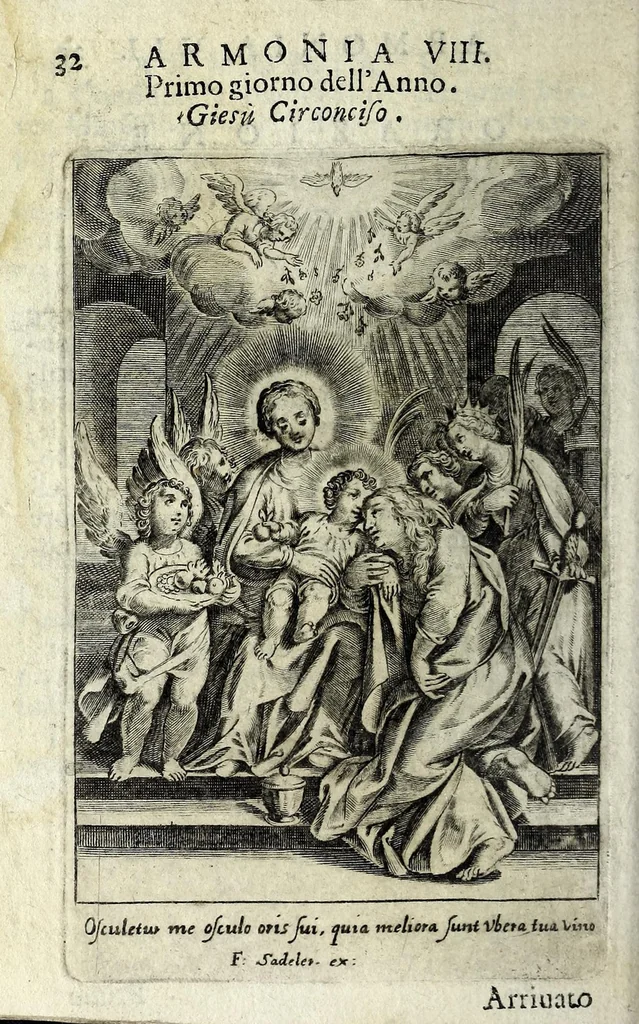 An illustration from Armonia contemplativa sopra la vita di Giesù Christo : delli santi Filippo Neri, Ignatio Loiola, Caietano di Tieni, e Teresa di Giesù : disposta secondo l'ordine delli Vangeli non solo per tutti li giorni dell'anno, mesi e settimane, ma ancora per tutte le feste principali : consegrata all'altezza serenissima Anna Maria Isabella, duchessa di Mantoua, Monferrato, Guastalla, &c., 1690, leaf 48