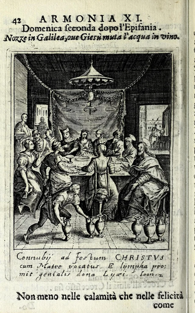 An illustration from Armonia contemplativa sopra la vita di Giesù Christo : delli santi Filippo Neri, Ignatio Loiola, Caietano di Tieni, e Teresa di Giesù : disposta secondo l'ordine delli Vangeli non solo per tutti li giorni dell'anno, mesi e settimane, ma ancora per tutte le feste principali : consegrata all'altezza serenissima Anna Maria Isabella, duchessa di Mantoua, Monferrato, Guastalla, &c., 1690, leaf 58