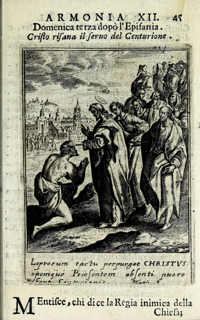 An illustration from Armonia contemplativa sopra la vita di Giesù Christo : delli santi Filippo Neri, Ignatio Loiola, Caietano di Tieni, e Teresa di Giesù : disposta secondo l'ordine delli Vangeli non solo per tutti li giorni dell'anno, mesi e settimane, ma ancora per tutte le feste principali : consegrata all'altezza serenissima Anna Maria Isabella, duchessa di Mantoua, Monferrato, Guastalla, &c., 1690, leaf 61