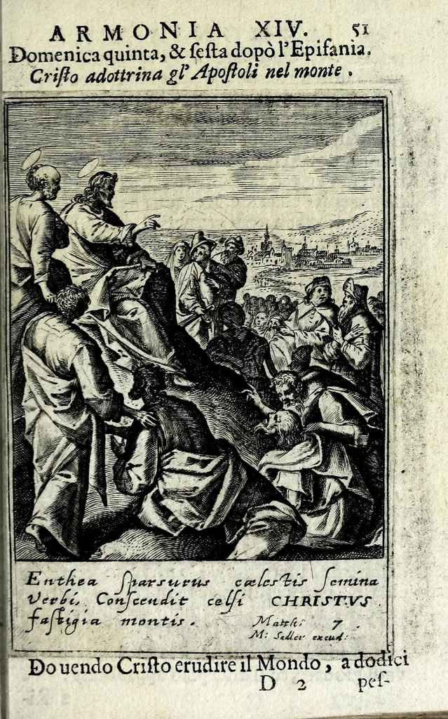 An illustration from Armonia contemplativa sopra la vita di Giesù Christo : delli santi Filippo Neri, Ignatio Loiola, Caietano di Tieni, e Teresa di Giesù : disposta secondo l'ordine delli Vangeli non solo per tutti li giorni dell'anno, mesi e settimane, ma ancora per tutte le feste principali : consegrata all'altezza serenissima Anna Maria Isabella, duchessa di Mantoua, Monferrato, Guastalla, &c., 1690, leaf 67