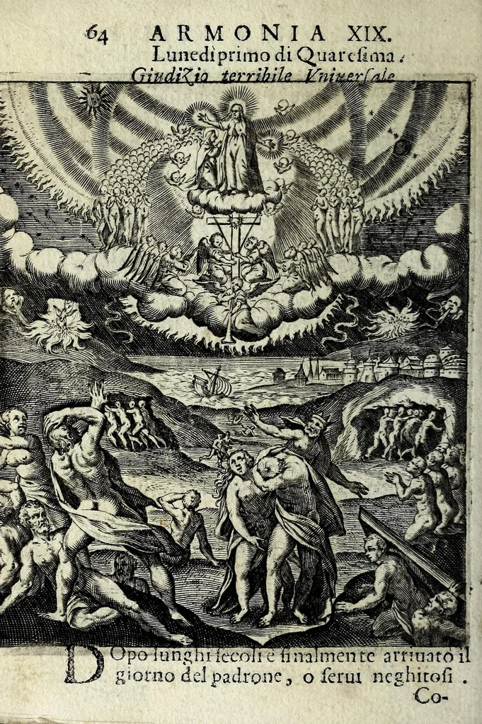 An illustration from Armonia contemplativa sopra la vita di Giesù Christo : delli santi Filippo Neri, Ignatio Loiola, Caietano di Tieni, e Teresa di Giesù : disposta secondo l'ordine delli Vangeli non solo per tutti li giorni dell'anno, mesi e settimane, ma ancora per tutte le feste principali : consegrata all'altezza serenissima Anna Maria Isabella, duchessa di Mantoua, Monferrato, Guastalla, &c., 1690, leaf 80