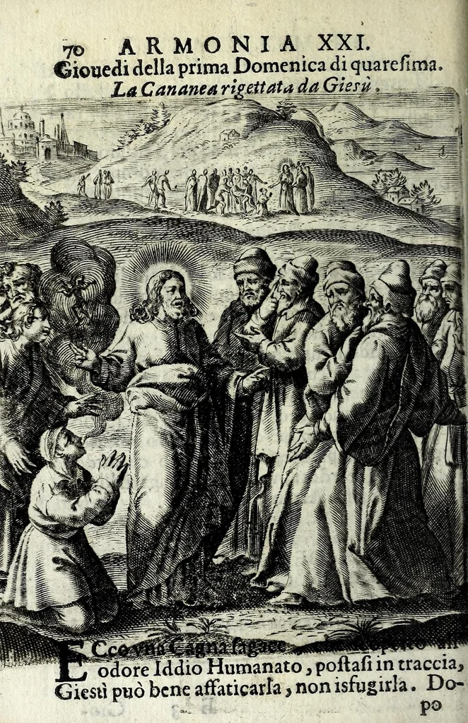 An illustration from Armonia contemplativa sopra la vita di Giesù Christo : delli santi Filippo Neri, Ignatio Loiola, Caietano di Tieni, e Teresa di Giesù : disposta secondo l'ordine delli Vangeli non solo per tutti li giorni dell'anno, mesi e settimane, ma ancora per tutte le feste principali : consegrata all'altezza serenissima Anna Maria Isabella, duchessa di Mantoua, Monferrato, Guastalla, &c., 1690, leaf 86