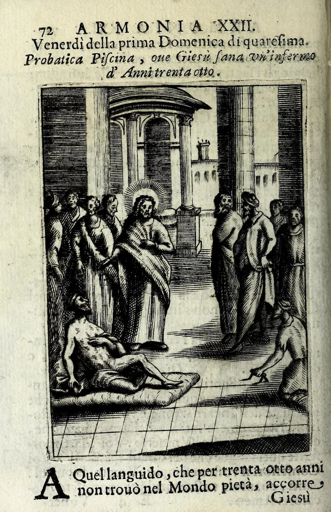 An illustration from Armonia contemplativa sopra la vita di Giesù Christo : delli santi Filippo Neri, Ignatio Loiola, Caietano di Tieni, e Teresa di Giesù : disposta secondo l'ordine delli Vangeli non solo per tutti li giorni dell'anno, mesi e settimane, ma ancora per tutte le feste principali : consegrata all'altezza serenissima Anna Maria Isabella, duchessa di Mantoua, Monferrato, Guastalla, &c., 1690, leaf 88