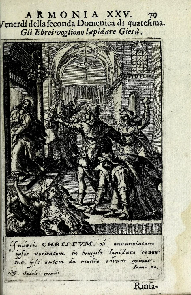 An illustration from Armonia contemplativa sopra la vita di Giesù Christo : delli santi Filippo Neri, Ignatio Loiola, Caietano di Tieni, e Teresa di Giesù : disposta secondo l'ordine delli Vangeli non solo per tutti li giorni dell'anno, mesi e settimane, ma ancora per tutte le feste principali : consegrata all'altezza serenissima Anna Maria Isabella, duchessa di Mantoua, Monferrato, Guastalla, &c., 1690, leaf 95