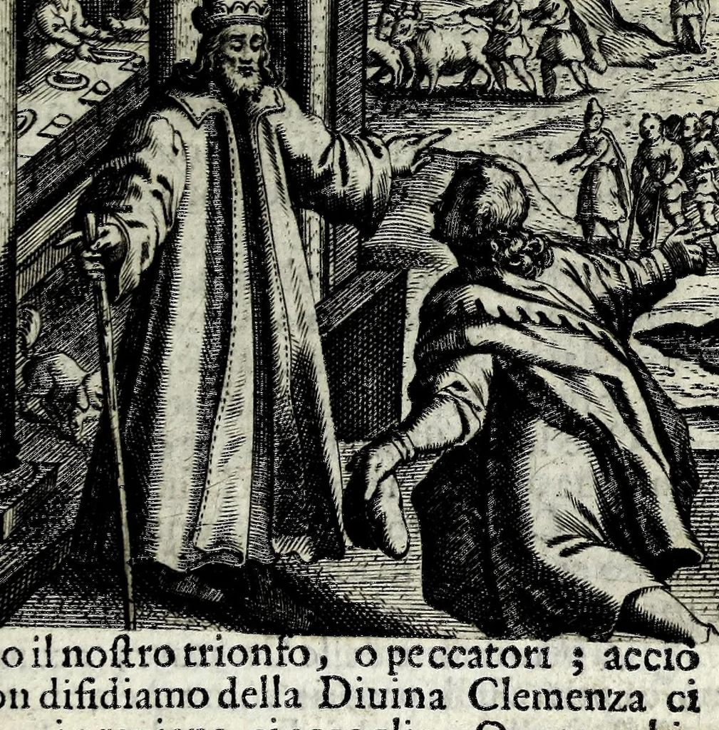 An illustration from Armonia contemplativa sopra la vita di Giesù Christo : delli santi Filippo Neri, Ignatio Loiola, Caietano di Tieni, e Teresa di Giesù : disposta secondo l'ordine delli Vangeli non solo per tutti li giorni dell'anno, mesi e settimane, ma ancora per tutte le feste principali : consegrata all'altezza serenissima Anna Maria Isabella, duchessa di Mantoua, Monferrato, Guastalla, &c., 1690, leaf 97