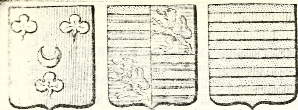 An illustration from Armorial des principales maisons et familles du royaume, particulierement des celles de Paris et de l'Isle de France : contenant les armes des princes, seigneurs, grands officiers de la couronne & de la maison du roi, celles des cours souveraines, &c. avec l'explication de tous les blasons, 1757, leaf 102