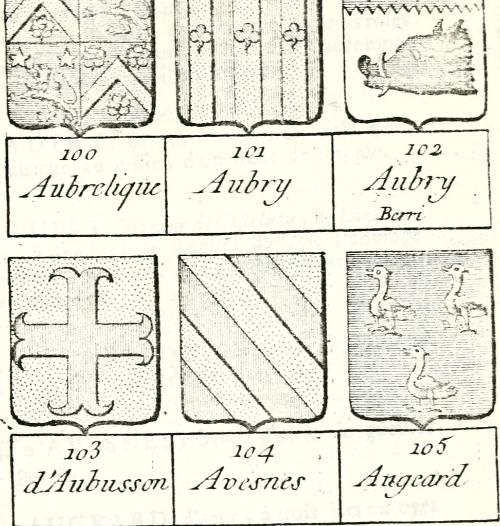 An illustration from Armorial des principales maisons et familles du royaume, particulierement des celles de Paris et de l'Isle de France : contenant les armes des princes, seigneurs, grands officiers de la couronne & de la maison du roi, celles des cours souveraines, &c. avec l'explication de tous les blasons, 1757, leaf 106