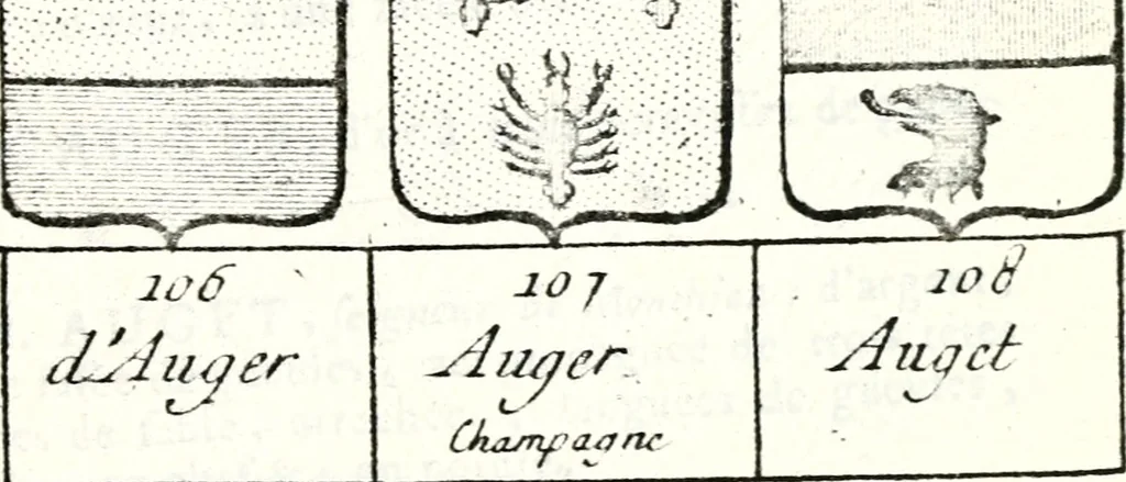 An illustration from Armorial des principales maisons et familles du royaume, particulierement des celles de Paris et de l'Isle de France : contenant les armes des princes, seigneurs, grands officiers de la couronne & de la maison du roi, celles des cours souveraines, &c. avec l'explication de tous les blasons, 1757, leaf 106