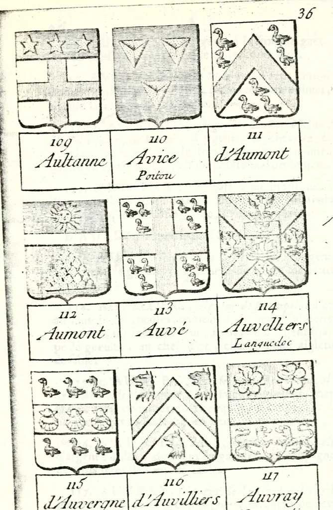 An illustration from Armorial des principales maisons et familles du royaume, particulierement des celles de Paris et de l'Isle de France : contenant les armes des princes, seigneurs, grands officiers de la couronne & de la maison du roi, celles des cours souveraines, &c. avec l'explication de tous les blasons, 1757, leaf 110