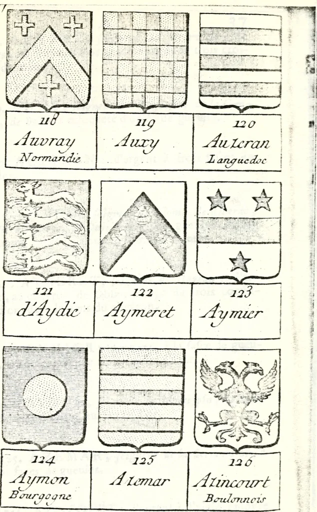 An illustration from Armorial des principales maisons et familles du royaume, particulierement des celles de Paris et de l'Isle de France : contenant les armes des princes, seigneurs, grands officiers de la couronne & de la maison du roi, celles des cours souveraines, &c. avec l'explication de tous les blasons, 1757, leaf 114