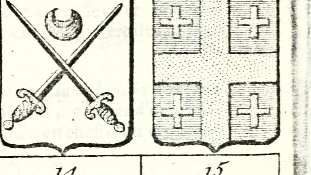 An illustration from Armorial des principales maisons et familles du royaume, particulierement des celles de Paris et de l'Isle de France : contenant les armes des princes, seigneurs, grands officiers de la couronne & de la maison du roi, celles des cours souveraines, &c. avec l'explication de tous les blasons, 1757, leaf 122