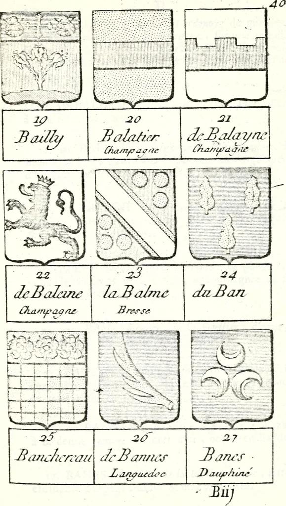 An illustration from Armorial des principales maisons et familles du royaume, particulierement des celles de Paris et de l'Isle de France : contenant les armes des princes, seigneurs, grands officiers de la couronne & de la maison du roi, celles des cours souveraines, &c. avec l'explication de tous les blasons, 1757, leaf 126