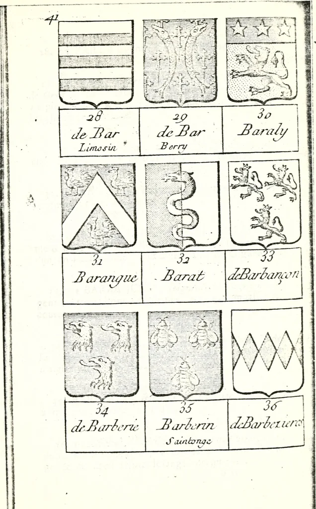 An illustration from Armorial des principales maisons et familles du royaume, particulierement des celles de Paris et de l'Isle de France : contenant les armes des princes, seigneurs, grands officiers de la couronne & de la maison du roi, celles des cours souveraines, &c. avec l'explication de tous les blasons, 1757, leaf 130