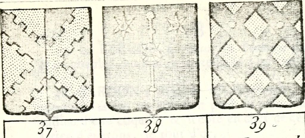 An illustration from Armorial des principales maisons et familles du royaume, particulierement des celles de Paris et de l'Isle de France : contenant les armes des princes, seigneurs, grands officiers de la couronne & de la maison du roi, celles des cours souveraines, &c. avec l'explication de tous les blasons, 1757, leaf 134