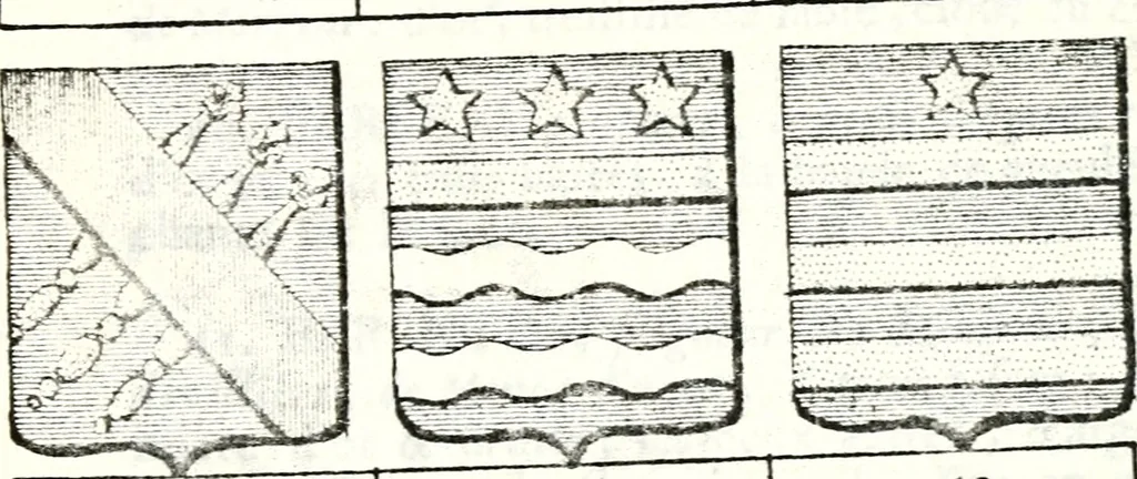 An illustration from Armorial des principales maisons et familles du royaume, particulierement des celles de Paris et de l'Isle de France : contenant les armes des princes, seigneurs, grands officiers de la couronne & de la maison du roi, celles des cours souveraines, &c. avec l'explication de tous les blasons, 1757, leaf 134