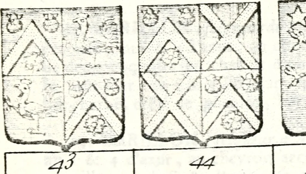 An illustration from Armorial des principales maisons et familles du royaume, particulierement des celles de Paris et de l'Isle de France : contenant les armes des princes, seigneurs, grands officiers de la couronne & de la maison du roi, celles des cours souveraines, &c. avec l'explication de tous les blasons, 1757, leaf 134