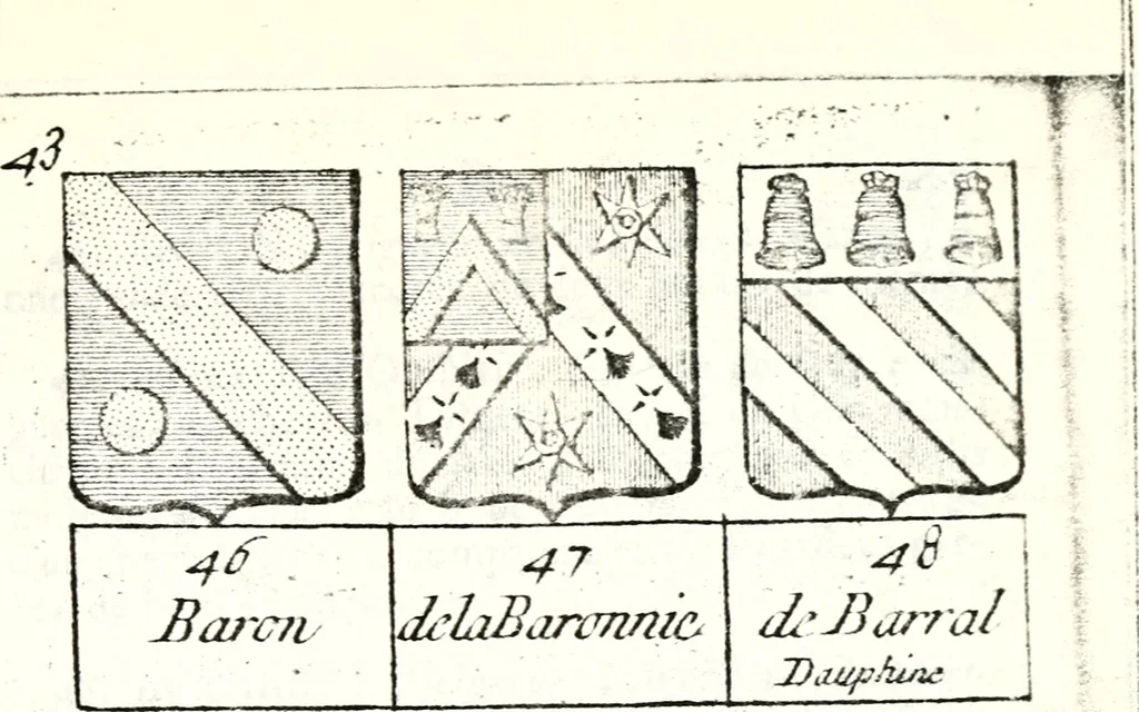 An illustration from Armorial des principales maisons et familles du royaume, particulierement des celles de Paris et de l'Isle de France : contenant les armes des princes, seigneurs, grands officiers de la couronne & de la maison du roi, celles des cours souveraines, &c. avec l'explication de tous les blasons, 1757, leaf 138
