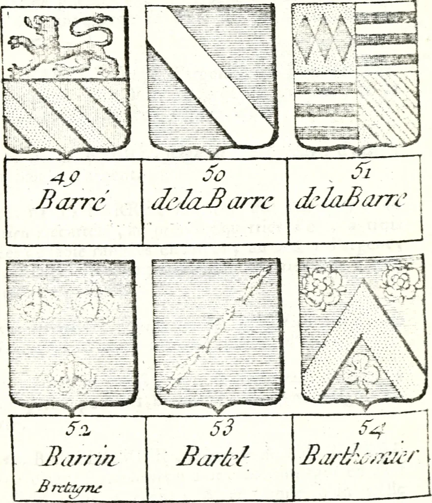 An illustration from Armorial des principales maisons et familles du royaume, particulierement des celles de Paris et de l'Isle de France : contenant les armes des princes, seigneurs, grands officiers de la couronne & de la maison du roi, celles des cours souveraines, &c. avec l'explication de tous les blasons, 1757, leaf 138
