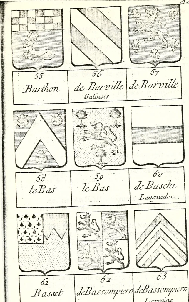 An illustration from Armorial des principales maisons et familles du royaume, particulierement des celles de Paris et de l'Isle de France : contenant les armes des princes, seigneurs, grands officiers de la couronne & de la maison du roi, celles des cours souveraines, &c. avec l'explication de tous les blasons, 1757, leaf 142