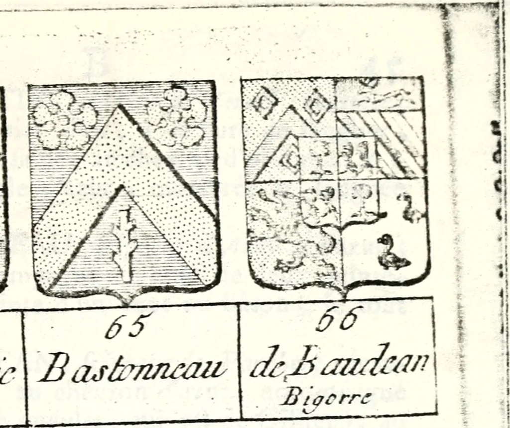 An illustration from Armorial des principales maisons et familles du royaume, particulierement des celles de Paris et de l'Isle de France : contenant les armes des princes, seigneurs, grands officiers de la couronne & de la maison du roi, celles des cours souveraines, &c. avec l'explication de tous les blasons, 1757, leaf 146