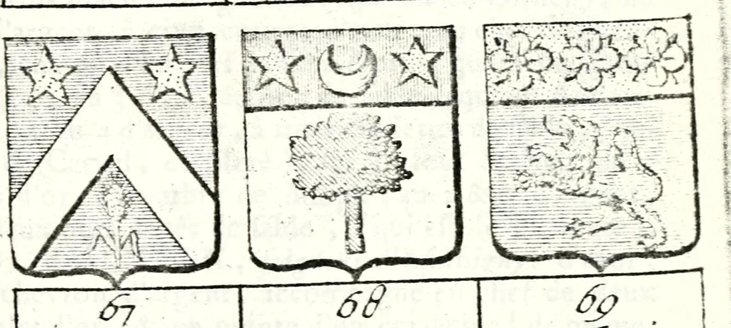 An illustration from Armorial des principales maisons et familles du royaume, particulierement des celles de Paris et de l'Isle de France : contenant les armes des princes, seigneurs, grands officiers de la couronne & de la maison du roi, celles des cours souveraines, &c. avec l'explication de tous les blasons, 1757, leaf 146