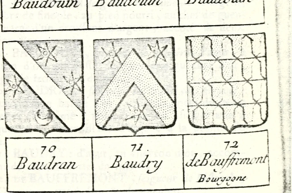 An illustration from Armorial des principales maisons et familles du royaume, particulierement des celles de Paris et de l'Isle de France : contenant les armes des princes, seigneurs, grands officiers de la couronne & de la maison du roi, celles des cours souveraines, &c. avec l'explication de tous les blasons, 1757, leaf 146