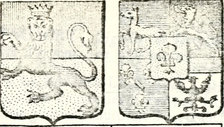 An illustration from Armorial des principales maisons et familles du royaume, particulierement des celles de Paris et de l'Isle de France : contenant les armes des princes, seigneurs, grands officiers de la couronne & de la maison du roi, celles des cours souveraines, &c. avec l'explication de tous les blasons, 1757, leaf 150