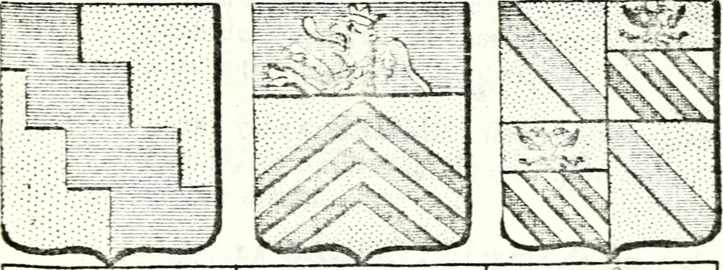 An illustration from Armorial des principales maisons et familles du royaume, particulierement des celles de Paris et de l'Isle de France : contenant les armes des princes, seigneurs, grands officiers de la couronne & de la maison du roi, celles des cours souveraines, &c. avec l'explication de tous les blasons, 1757, leaf 150