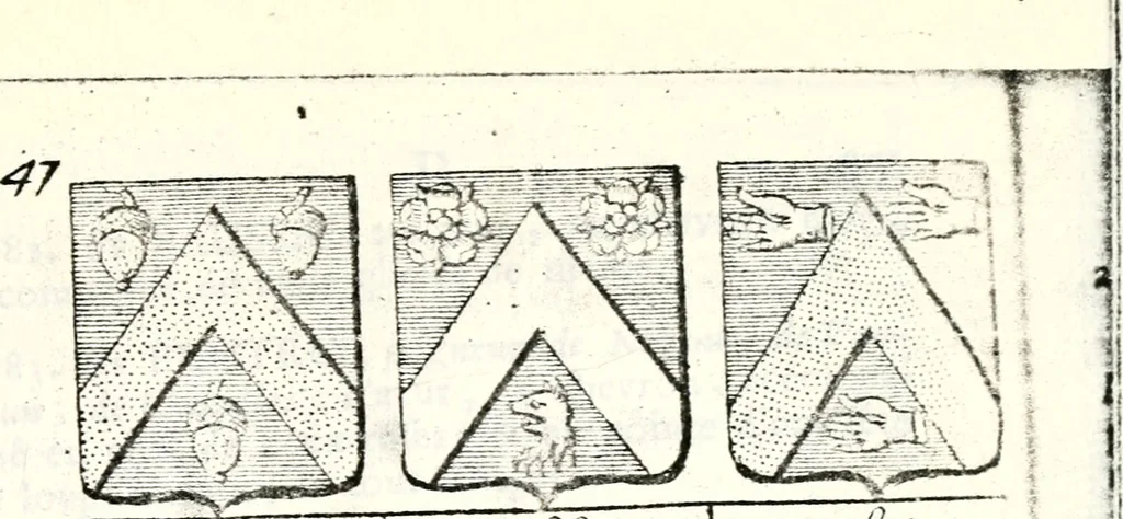 An illustration from Armorial des principales maisons et familles du royaume, particulierement des celles de Paris et de l'Isle de France : contenant les armes des princes, seigneurs, grands officiers de la couronne & de la maison du roi, celles des cours souveraines, &c. avec l'explication de tous les blasons, 1757, leaf 154