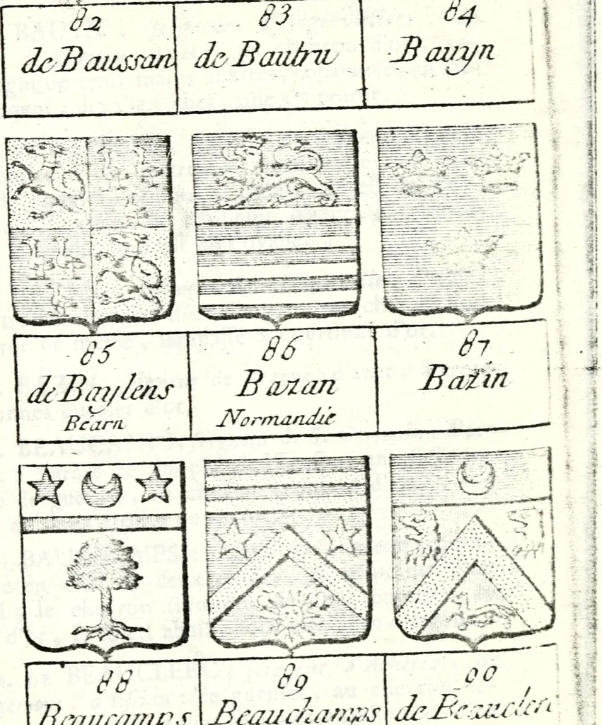 An illustration from Armorial des principales maisons et familles du royaume, particulierement des celles de Paris et de l'Isle de France : contenant les armes des princes, seigneurs, grands officiers de la couronne & de la maison du roi, celles des cours souveraines, &c. avec l'explication de tous les blasons, 1757, leaf 154