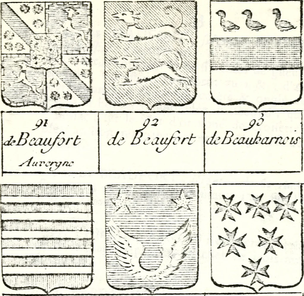 An illustration from Armorial des principales maisons et familles du royaume, particulierement des celles de Paris et de l'Isle de France : contenant les armes des princes, seigneurs, grands officiers de la couronne & de la maison du roi, celles des cours souveraines, &c. avec l'explication de tous les blasons, 1757, leaf 158