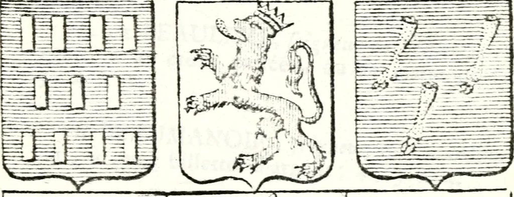 An illustration from Armorial des principales maisons et familles du royaume, particulierement des celles de Paris et de l'Isle de France : contenant les armes des princes, seigneurs, grands officiers de la couronne & de la maison du roi, celles des cours souveraines, &c. avec l'explication de tous les blasons, 1757, leaf 158