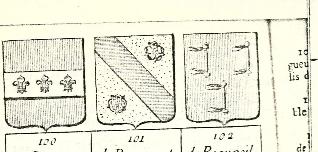 An illustration from Armorial des principales maisons et familles du royaume, particulierement des celles de Paris et de l'Isle de France : contenant les armes des princes, seigneurs, grands officiers de la couronne & de la maison du roi, celles des cours souveraines, &c. avec l'explication de tous les blasons, 1757, leaf 162