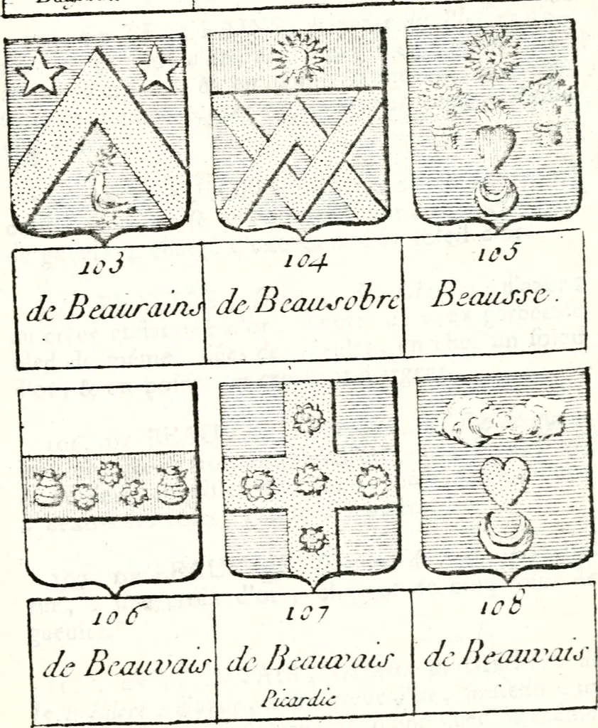 An illustration from Armorial des principales maisons et familles du royaume, particulierement des celles de Paris et de l'Isle de France : contenant les armes des princes, seigneurs, grands officiers de la couronne & de la maison du roi, celles des cours souveraines, &c. avec l'explication de tous les blasons, 1757, leaf 162