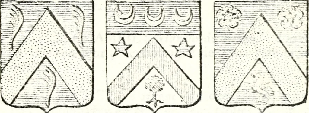 An illustration from Armorial des principales maisons et familles du royaume, particulierement des celles de Paris et de l'Isle de France : contenant les armes des princes, seigneurs, grands officiers de la couronne & de la maison du roi, celles des cours souveraines, &c. avec l'explication de tous les blasons, 1757, leaf 166