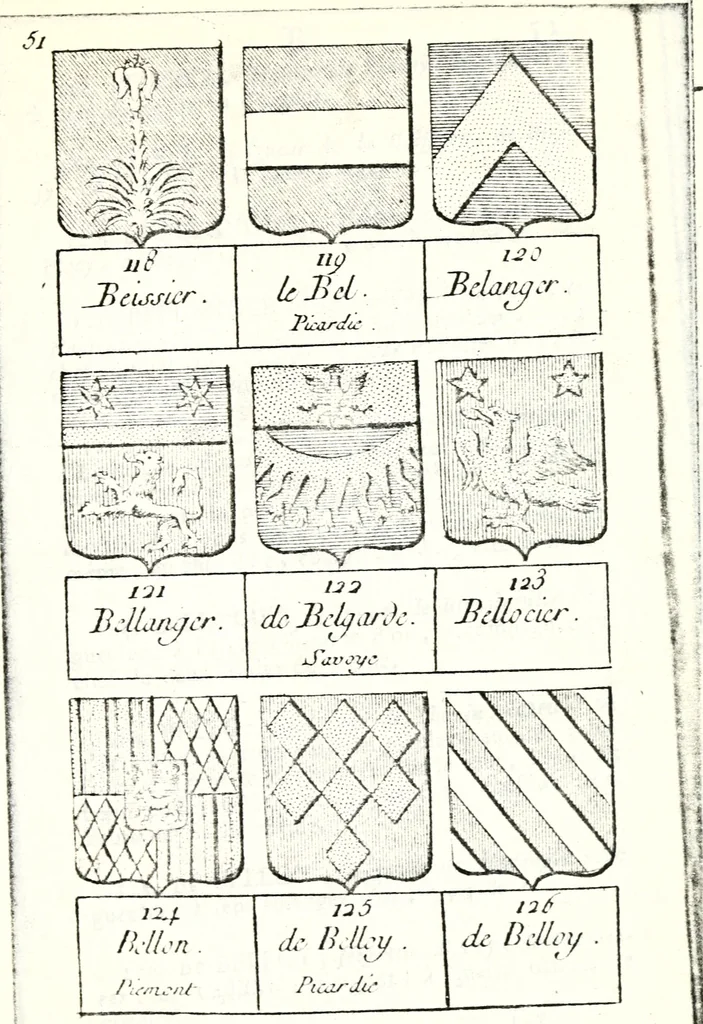 An illustration from Armorial des principales maisons et familles du royaume, particulierement des celles de Paris et de l'Isle de France : contenant les armes des princes, seigneurs, grands officiers de la couronne & de la maison du roi, celles des cours souveraines, &c. avec l'explication de tous les blasons, 1757, leaf 170